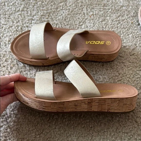 Soda Women's Tan and Gold Platform Sandals - Picture 1 of 3
